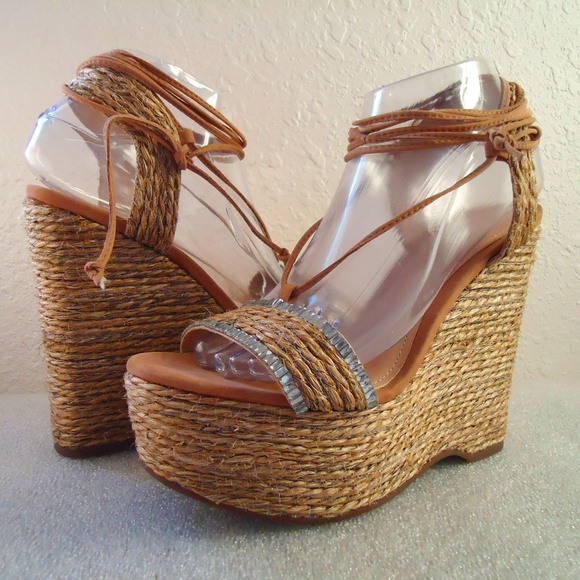 NWB SCHUTZ Natural Desert Aveline Lace Up Wedge Espadrilles Sandals Size-8B/38 - Picture 1 of 12